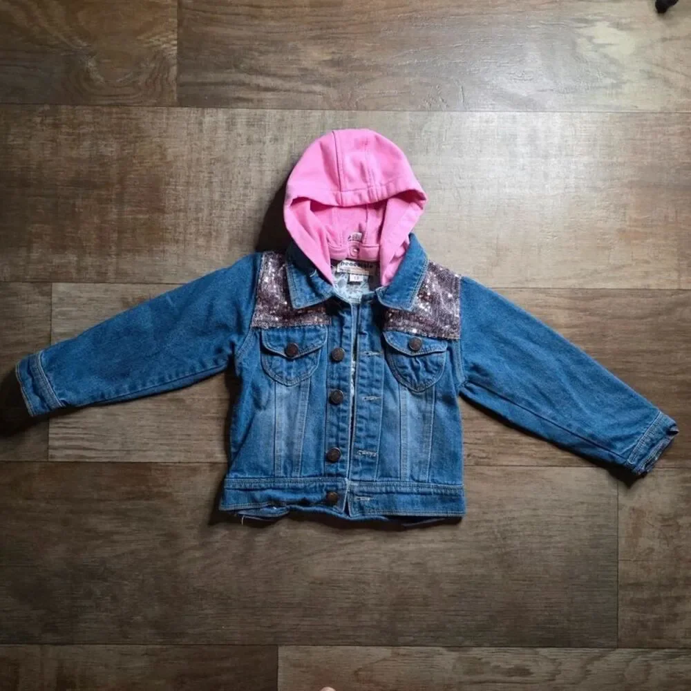 Peacolate Kids Sequin Denim Jacket Removable Pink Hood Size 13 Ages 6-7